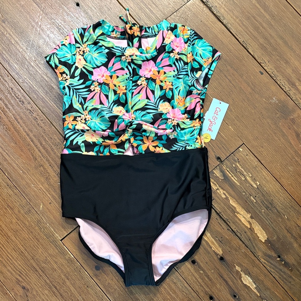 Cat & Jack Black One-Piece Swimsuit with Tropical Floral Top